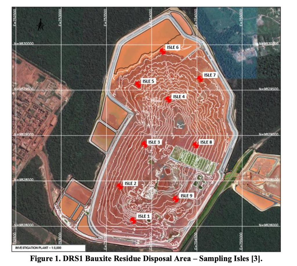 Figure 1. DRS1 Bauxite Residue Disposal Area – Sampling Isles [3]