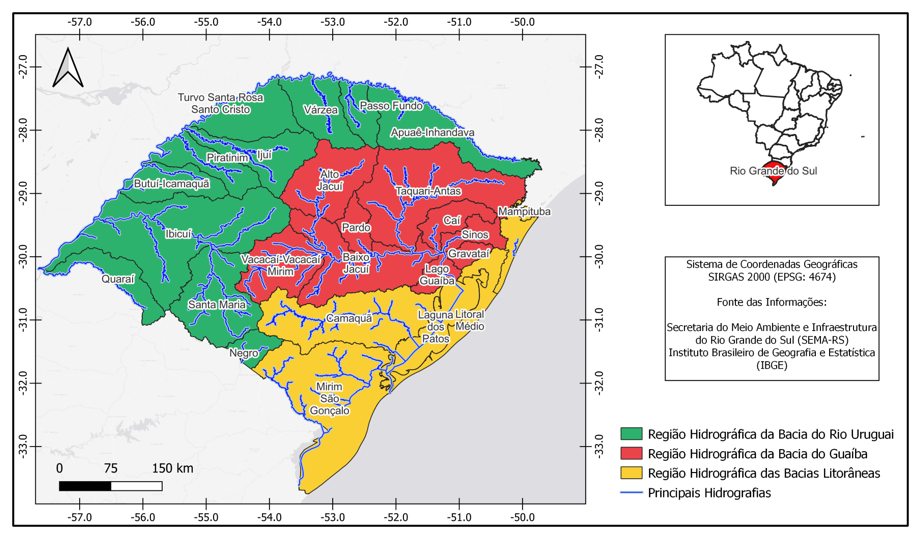 Figura 1 - Localização das Regiões Hidrográficas do Rio Grande do Sul, suas bacias hidrográficas e principais rios.