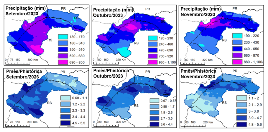 Figura 3 – Precipitações acumuladas em setembro, outubro e novembro de 2023 e a razão desses valores em relação às médias acumuladas históricas no período de 2000 a 2022 na bacia nacional do Uruguai (Adaptado de Mattiuzi e Matos, 2023).